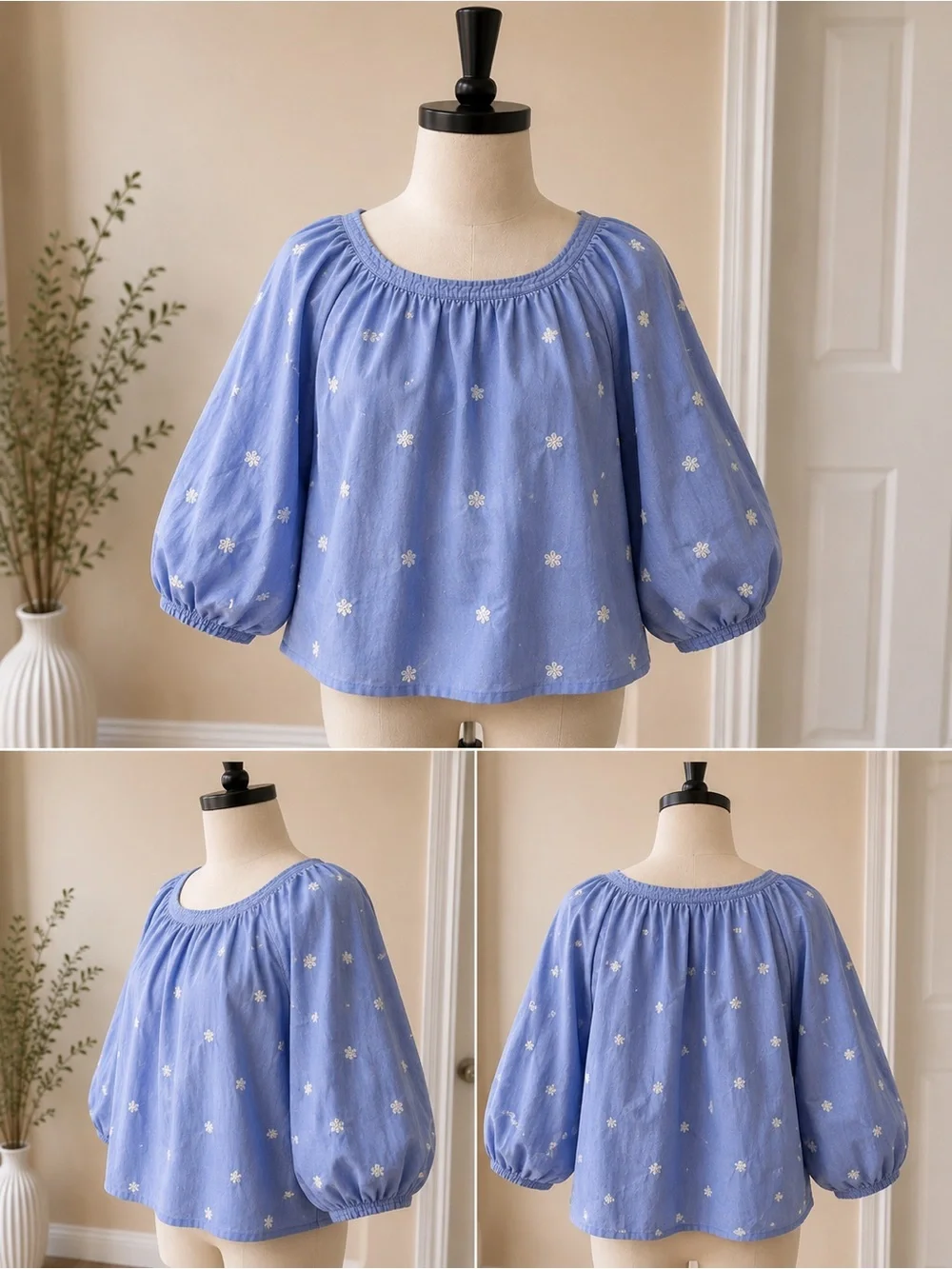J.Crew XL Blue Embroidered Cotton Peasant Blouse Puff Sleeve Boho Cottage Top